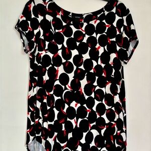 Alfani Black White Polka Dot Tee with Red Brush Accents